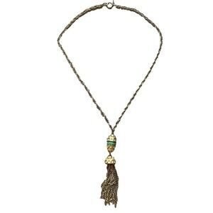 Vintage Tacoa Gold Tone Necklace with Tassel Pendant 18 inch Green Enamel